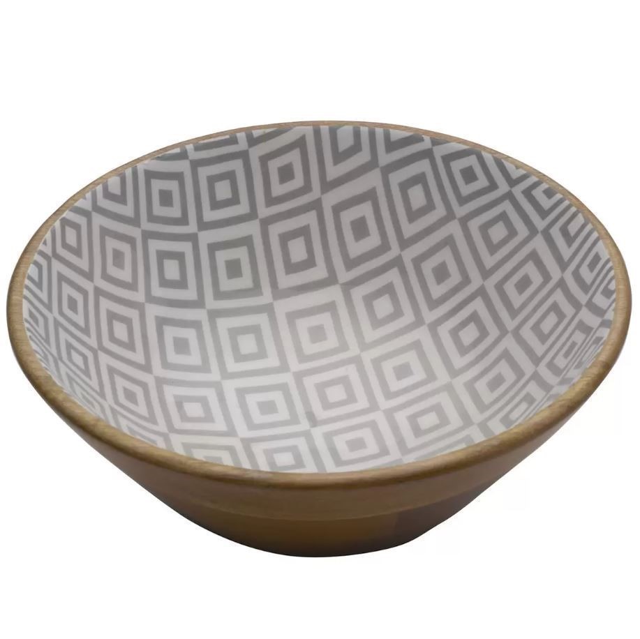 MIKASA Enameled Mango Wood Serving Bowl, Grey Diamond Pattern. Dimensions:
