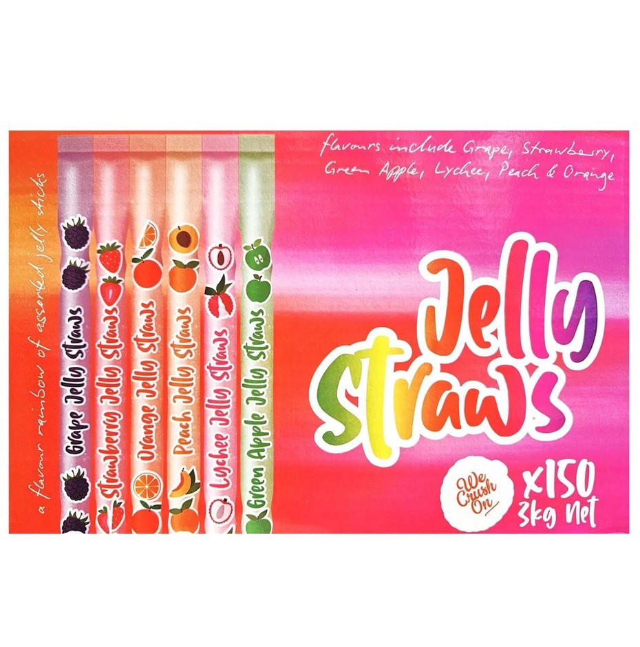 2 x Box of 150pc WE CRUSH ON Jelly Straws, Assorted Fruit Flavours, 3kg. N.