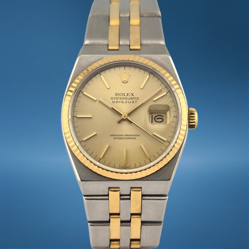 ROLEX DATEJUST OYSTERQUARTZ 36MM YELLOW ROLESOR 17013 QUARTZ WXO & COA