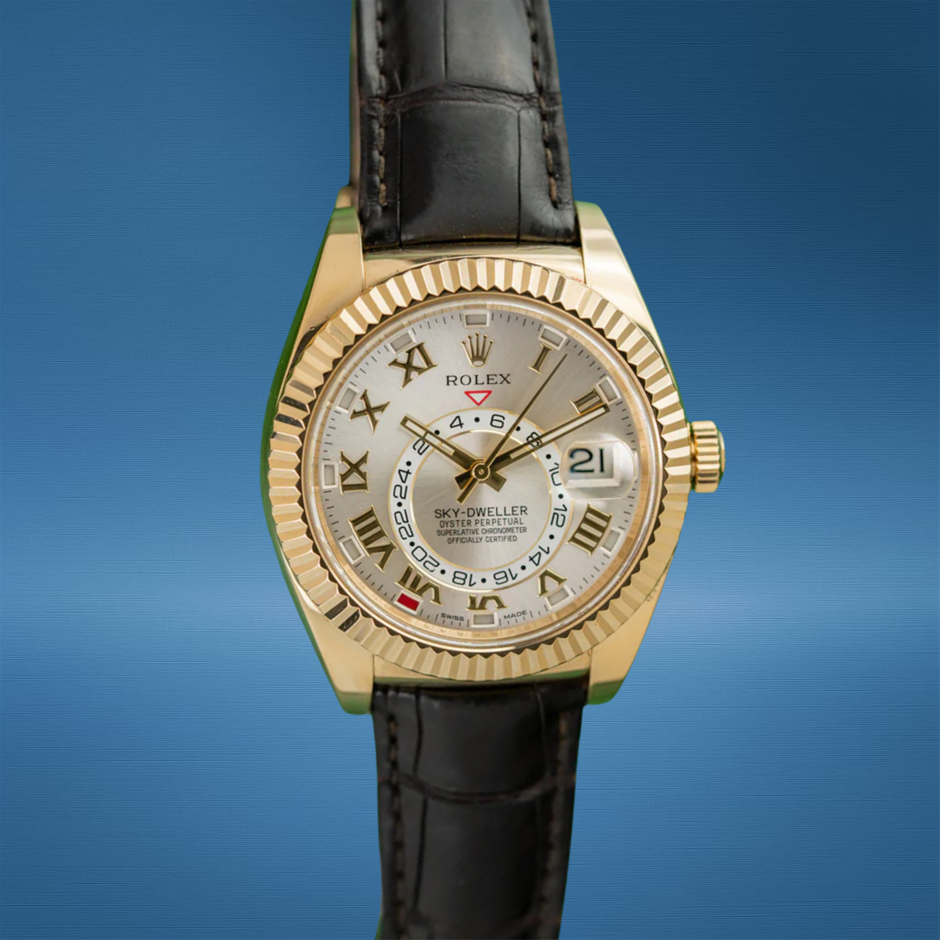 ROLEX SKY-DWELLER 42MM 18K YELLOW GOLD 326138 AUTOMATIC SILVER DIAL BXP&COA