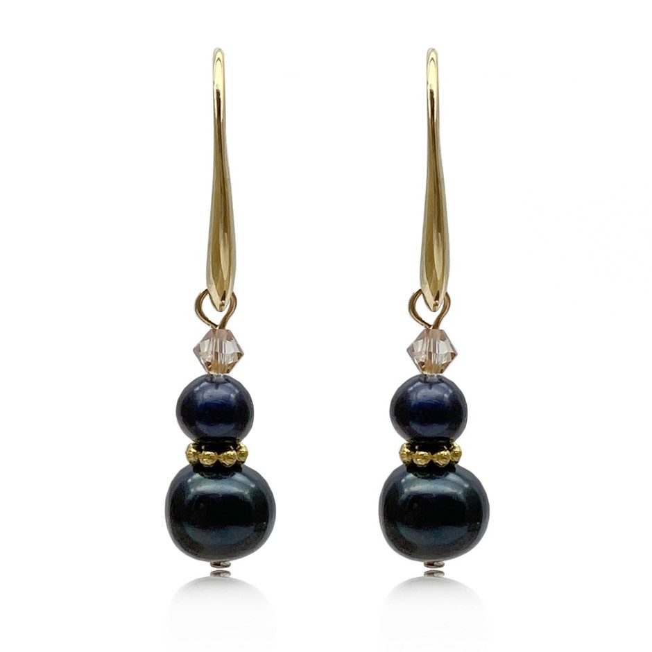 6-10mm Black Pearl Swarovski® Crystal & Real 18k Gold Plated Drop Earrings