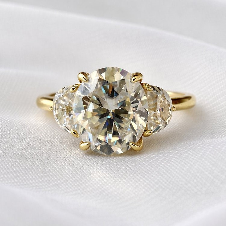 2ct Moissanite Oval Cut Half Moon Trilogy Ring 14k Gold on Sterling Silver