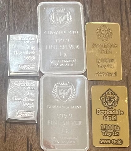 Scottsdale Gold 1/100oz 9999 Goldx 2, 1g Silver Bars x 2, 1g mint bar x 2