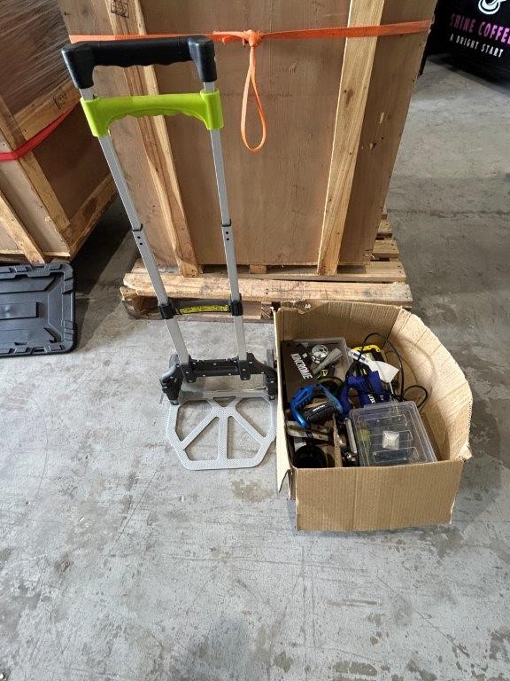 Box of Assorted Hand Tools & Folding Hand Trolley
