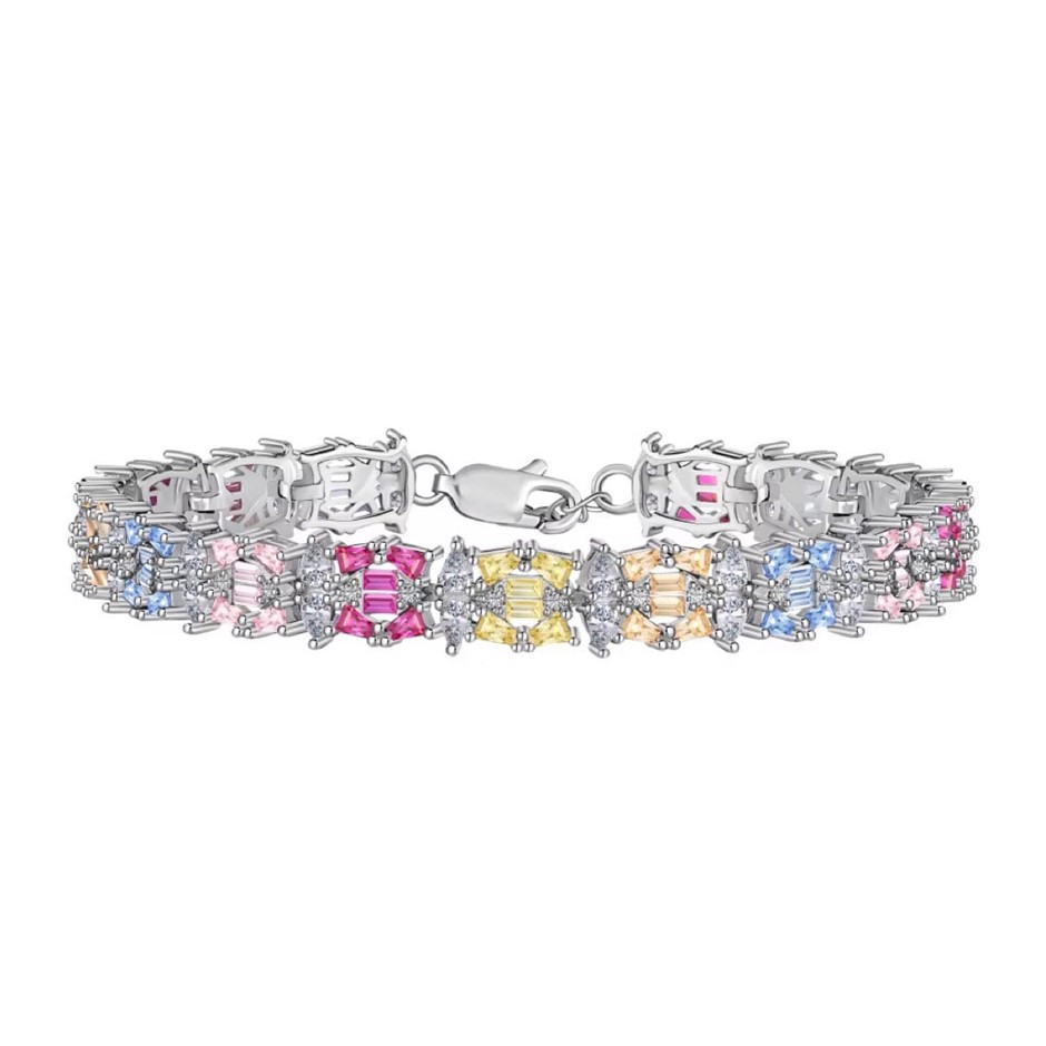 Multi Colour Simulated Diamonds 925 Sterling Silver Tennis Bracelet-18cm