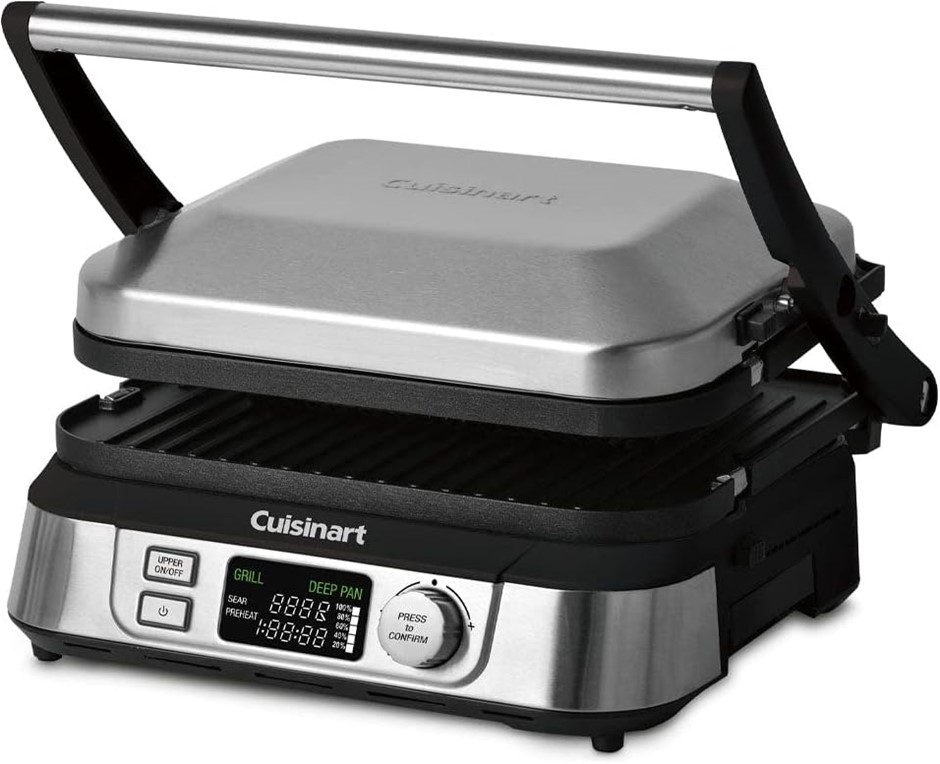 CUISINART Griddler and Deep Pan 5-in-1 Grill, Silver, 46604. NB: MInor use