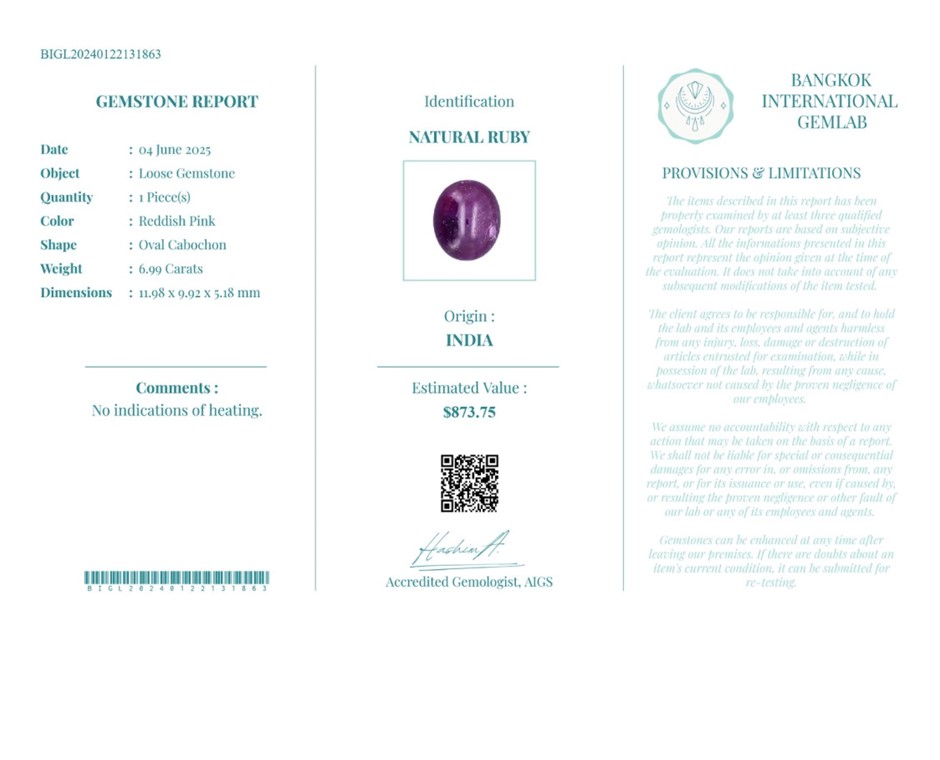 6.99 carat reddish pink ruby USD val: 873.75