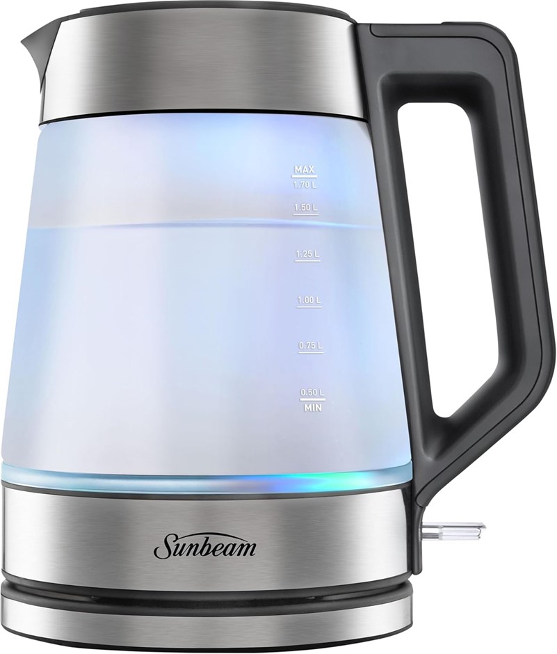 SUNBEAM Morning Frost Glass Kettle 1.7L, Elegant Frosted Glass Design, Blue