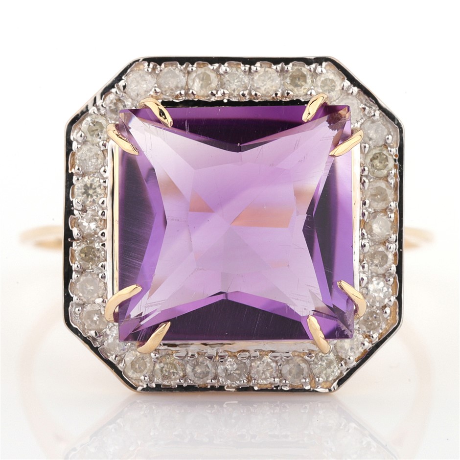 14k Yellow Gold Natural Amethyst & Diamond Ring with Valuation