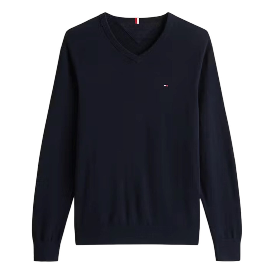 TOMMY HILFIGER Men's Flag V-Neck Sweater, Size M, 100% Cotton, Navy, 47767.