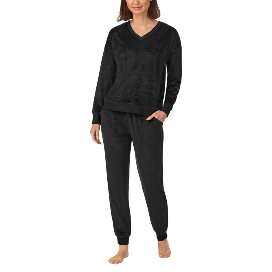 DKNY Women's 2pc Stretch Velour Lounge Set, Size L, Black (V-Neck). NB: tea