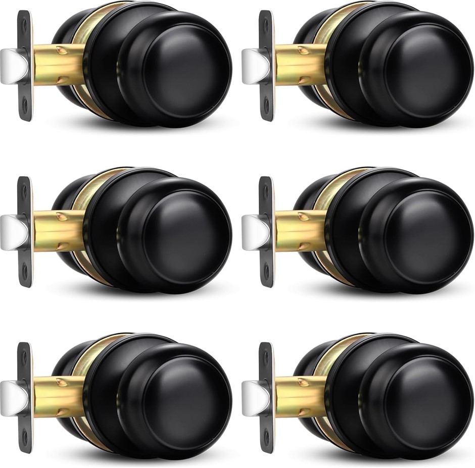 6 Pack SOPOBY Black Door Knob, Round Keyless Doorknobs Interior/Exterior Lo