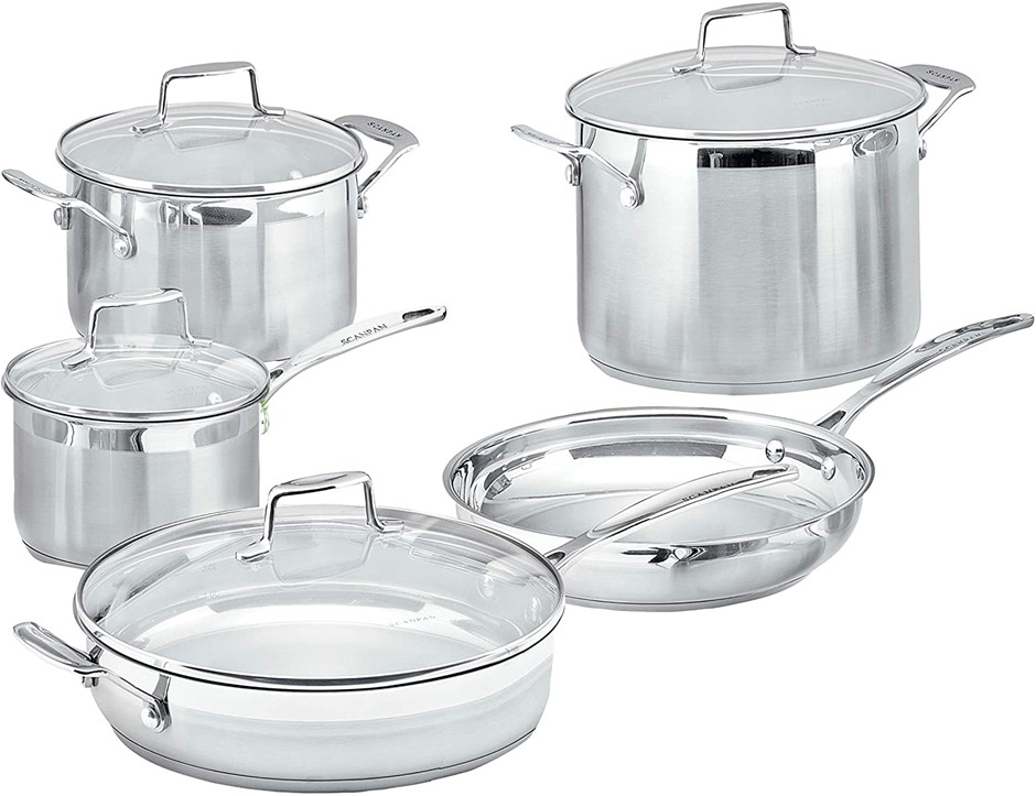 SCANPAN 5 Piece Impact Cookware Set, 18/10 Stainless Steel, Tempered Glass