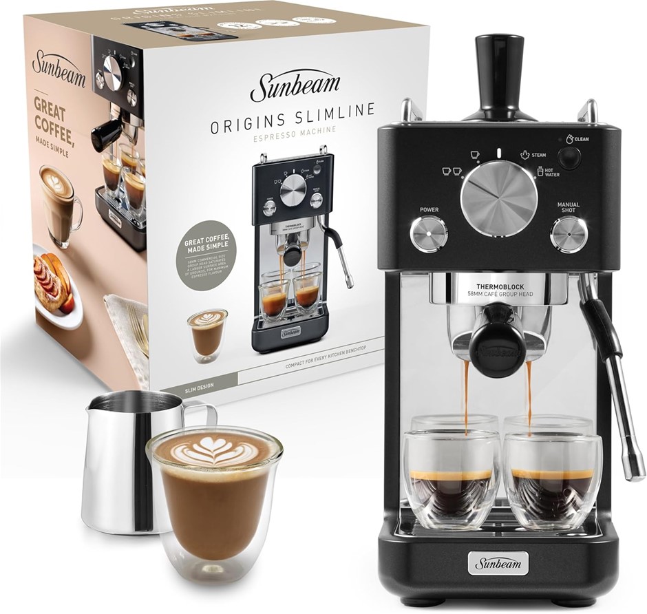 SUNBEAM Origins Slimline Espresso Machine, Black EMM4500BK.
