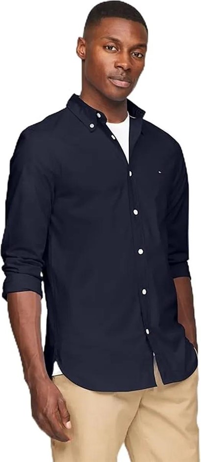 TOMMY HILFIGER Men's Flex Poplin Slim Shirt, Size XL, Desert Sky (FAP), 78J