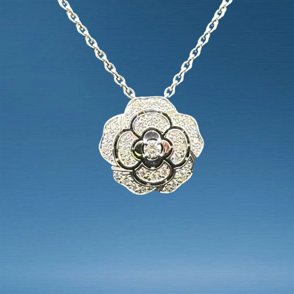 FLOWER DIAMOND FRENCH DESIGNER NECKLACE WHITE GOLD NATURAL DIAMOND