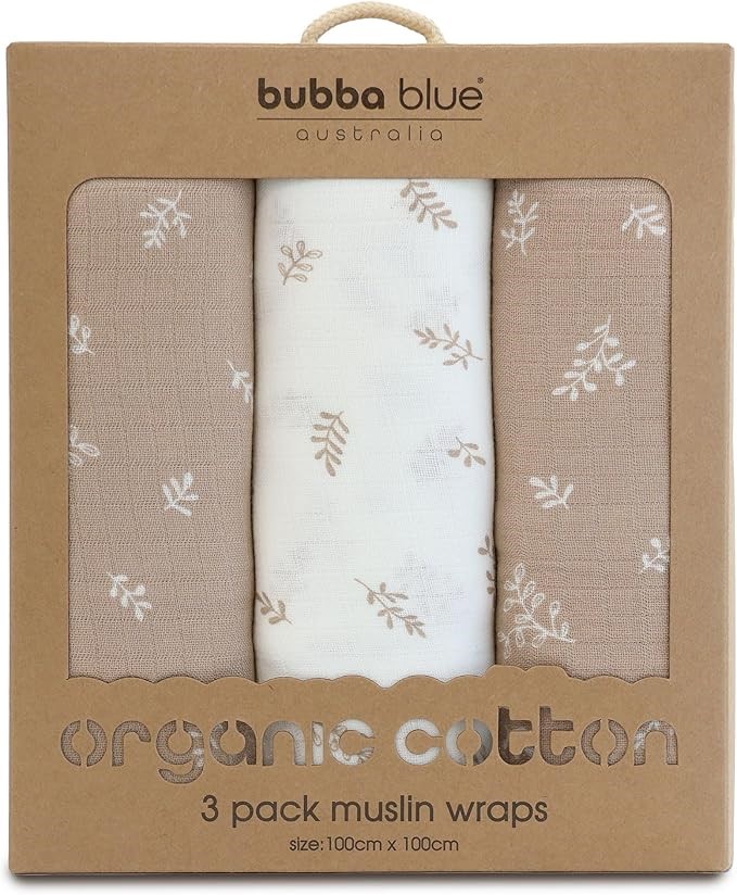 BUBBA BLUE Organic Cotton Muslin Wraps, Chestnut (Pack of 3)