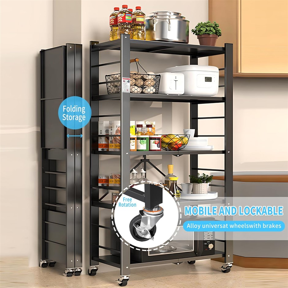 SNSUTY 5-Tier Steel Standing Rack with Wheels, Foldable Bakers Storage, No