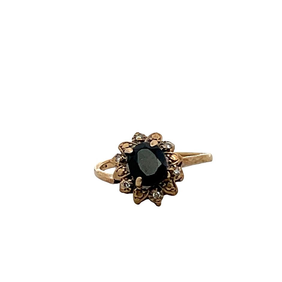 9ct Yellow Gold Midnight Sapphire & Diamond Ring (band is bent)