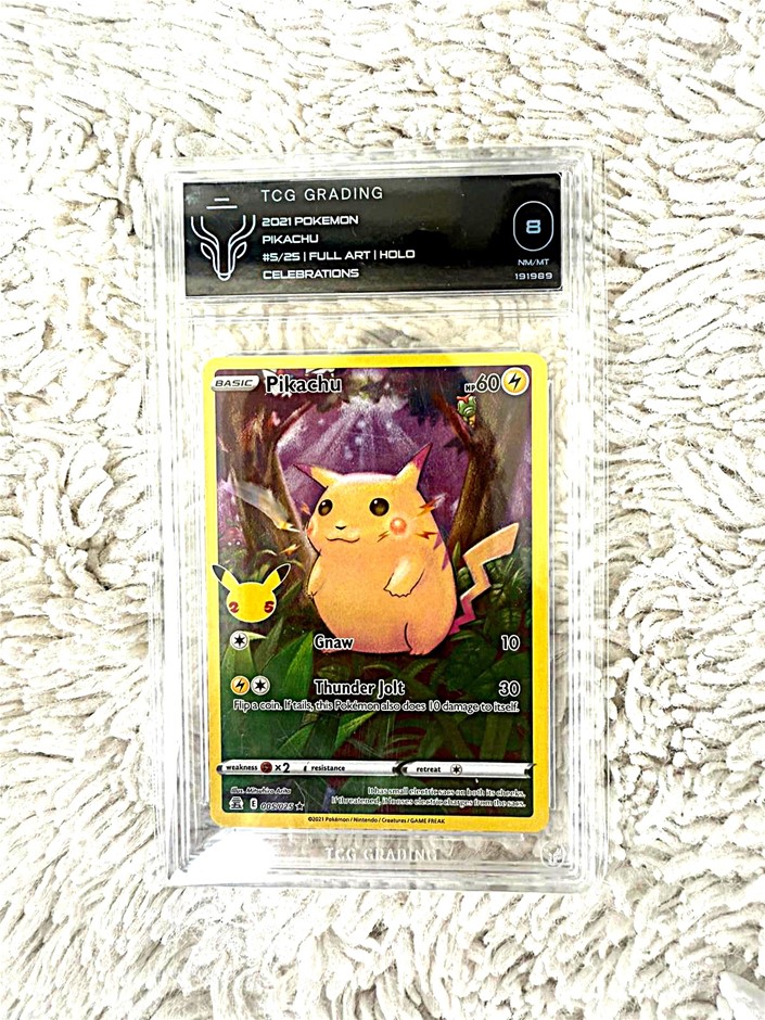 Pikachu Celebrations full art classic reprint TCG 8 slab.