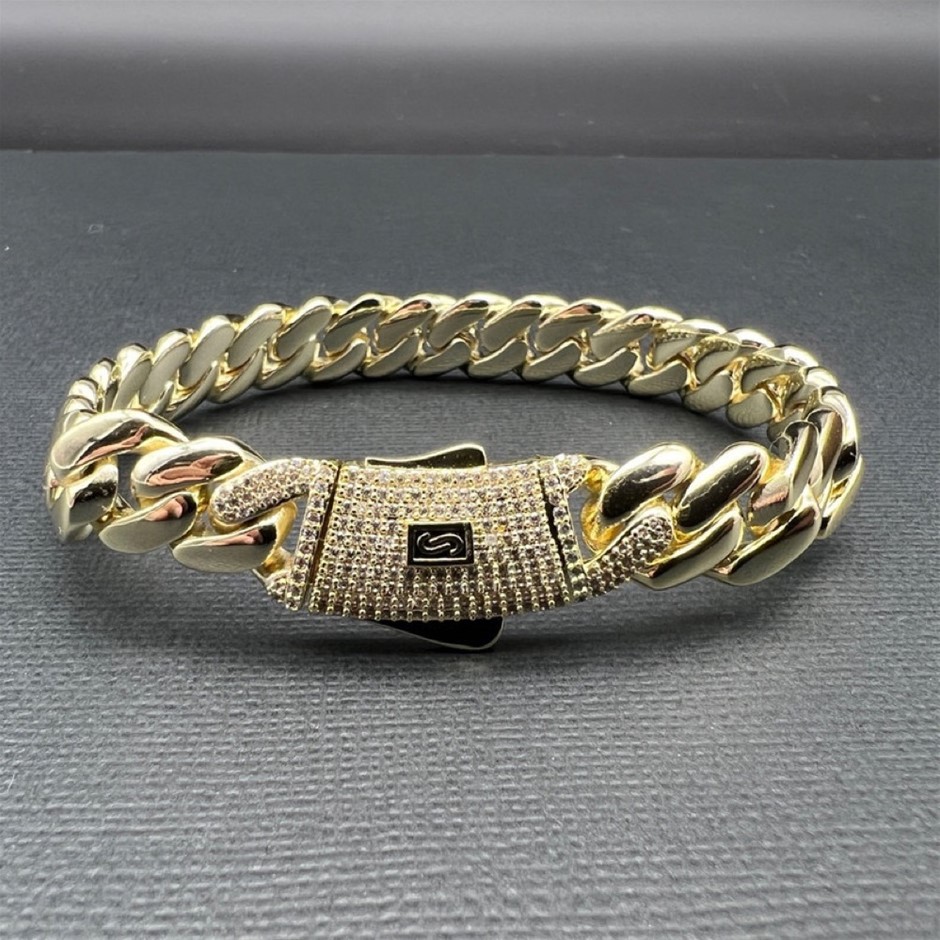 14K Gold-Filled Solid Cuban Bracelet, Simulated Diamonds,10MM Wide - 22.8cm
