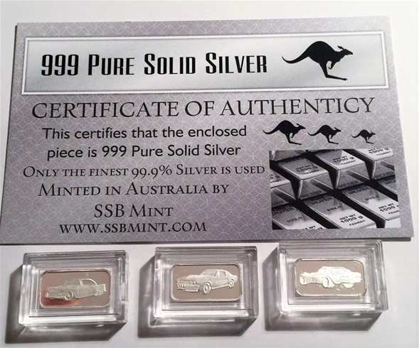 3 x 1 Gram 999 Pure Silver Muscle Car Series Bullion Ingots with C.O.A. 3 G