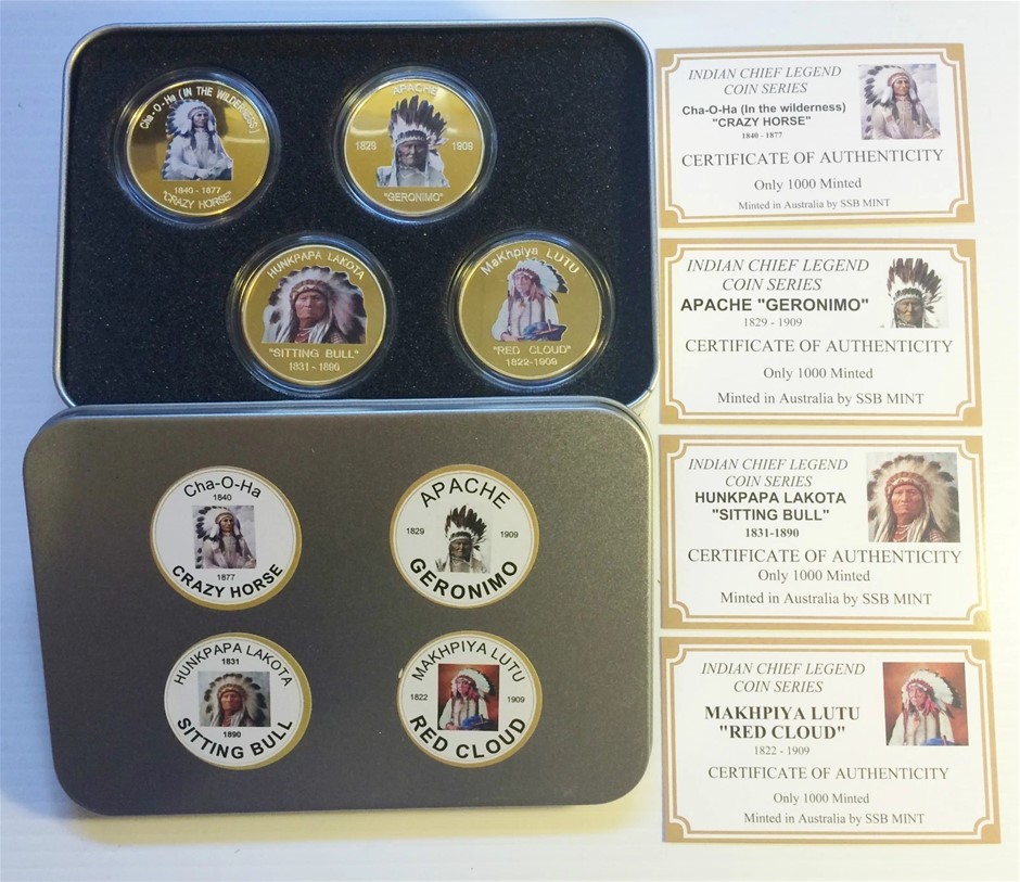 Indian Chief Series Set of 4 x 1 Oz Coins with C.O.A. in 999 24k Gold