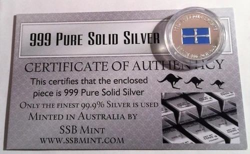 Eureka Stockade Flag Coloured 1/10th OZ 999.0 Pure Solid Silver Coin.