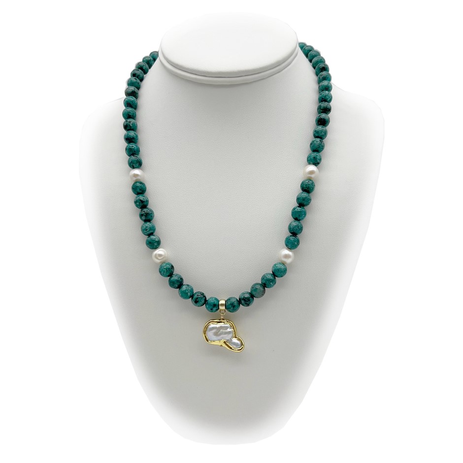 8mm African Jasper 'Turquoise', Baroque Pearl   Pendant Charm Necklace.