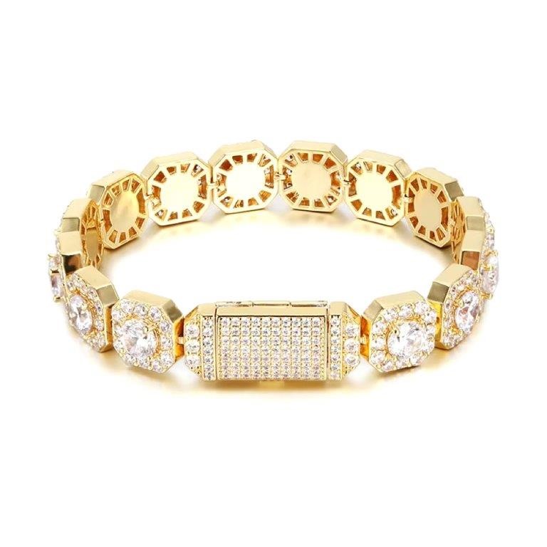 18K Gold - Filled Clustered Bracelet Simulated Diamonds, 10MM Wide - 22.8cm