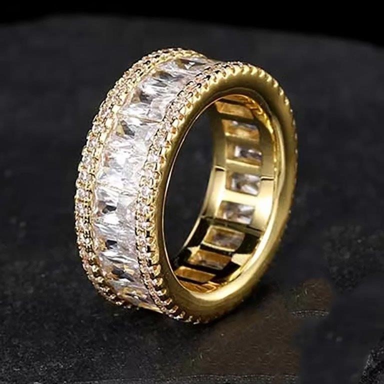 18K Gold-Filled Cuban Ring with Simulated Diamonds - Size 8