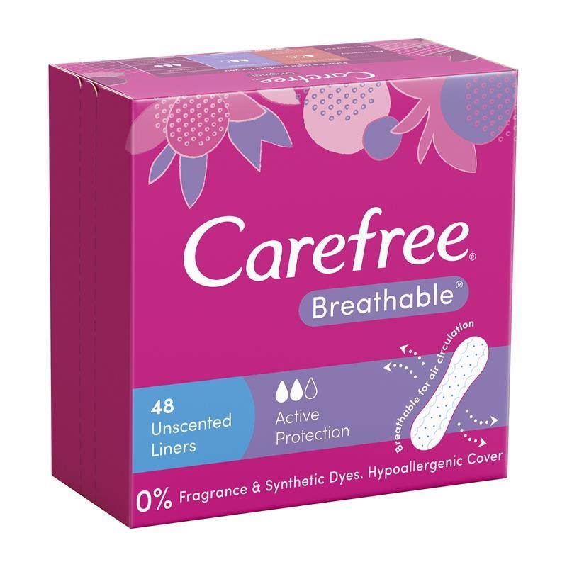 4 x CAREFREE Breathable Unscented Liners, 48 Count. NB: Damaged packaging &