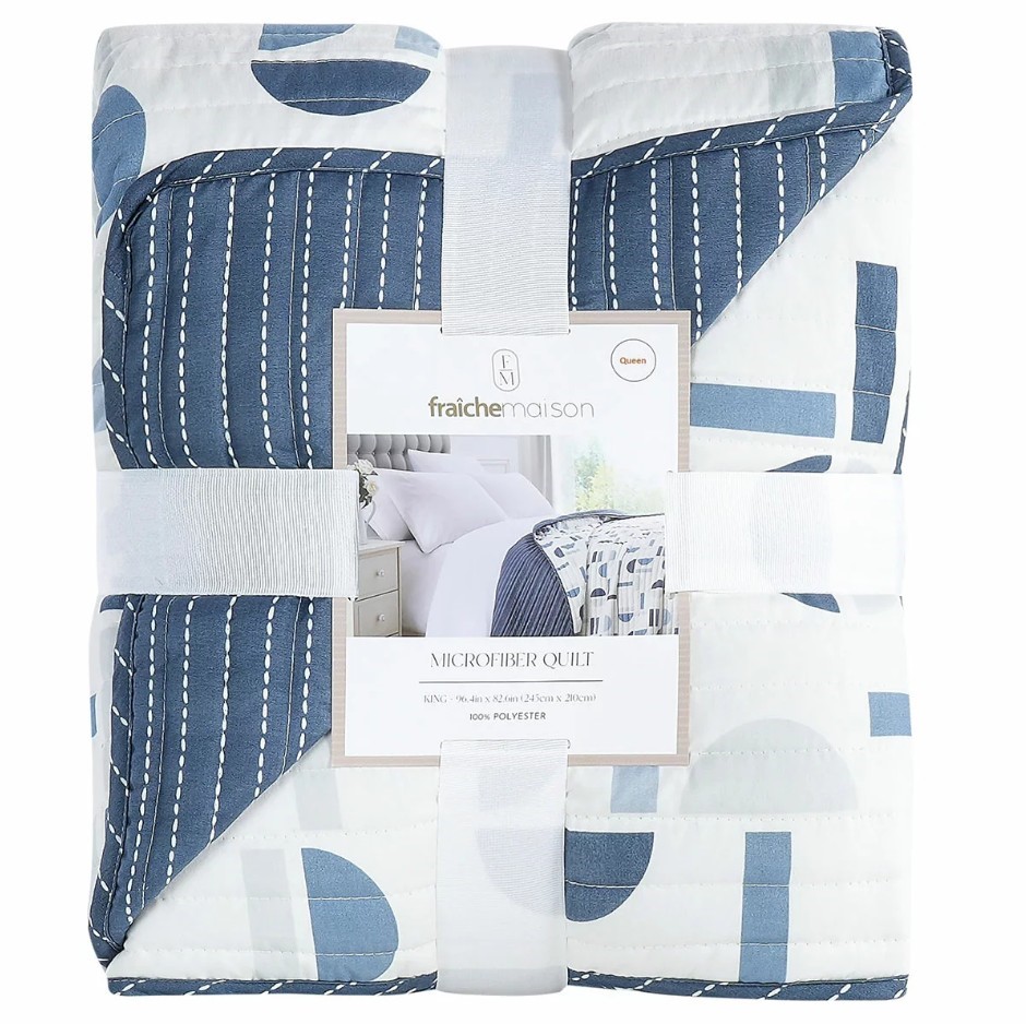 FRAICHE MAISON Microfibre Quilt, Queen, Blue Half Moon.