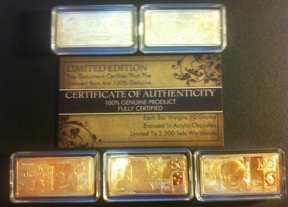 5 x 10g Ingots C.O.A. "POLYMER AUST NOTE SERIES" Finished in 999 24k Gold