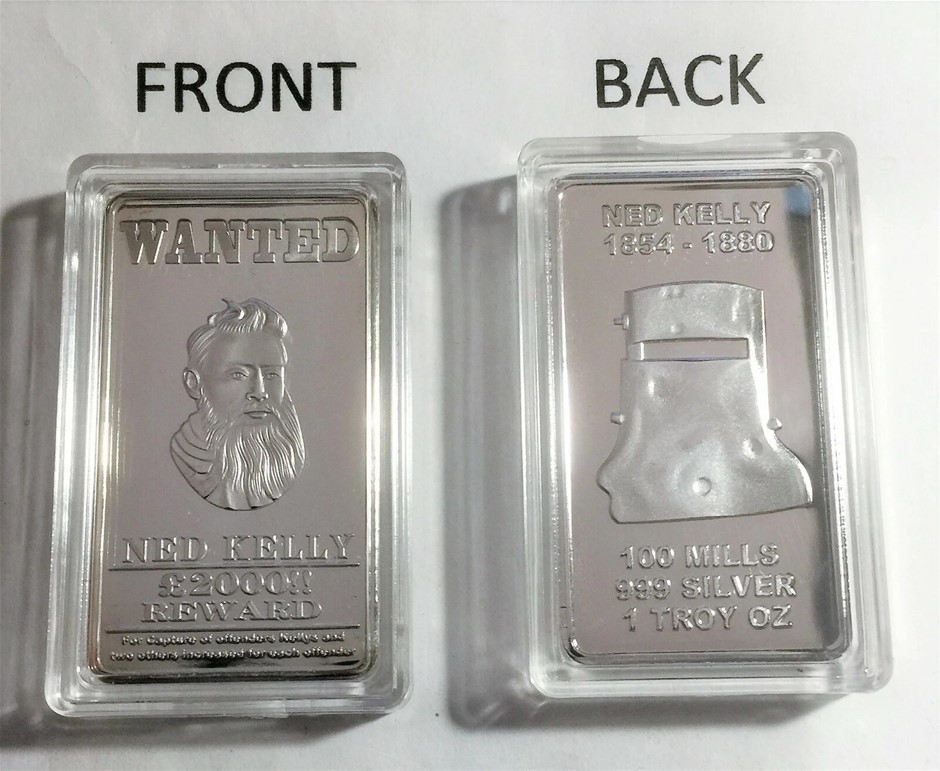 Ned Kelly "WANTED" 1 Troy OZ Ingot Finished in 999 Fine Silver, Gift, Outla