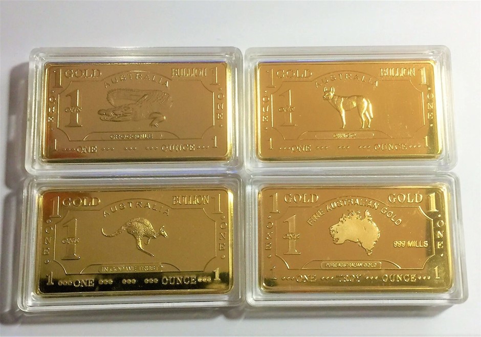 Set of 4 x 1 oz Australiana 1 Oz Ingots 999 24 k Gold Plated. Great Gift