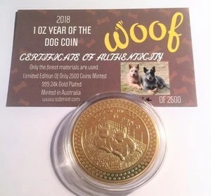 2018 "YEAR OF THE DOG" 1 Oz Coin 999 24k Gold Plated with C.O.A.