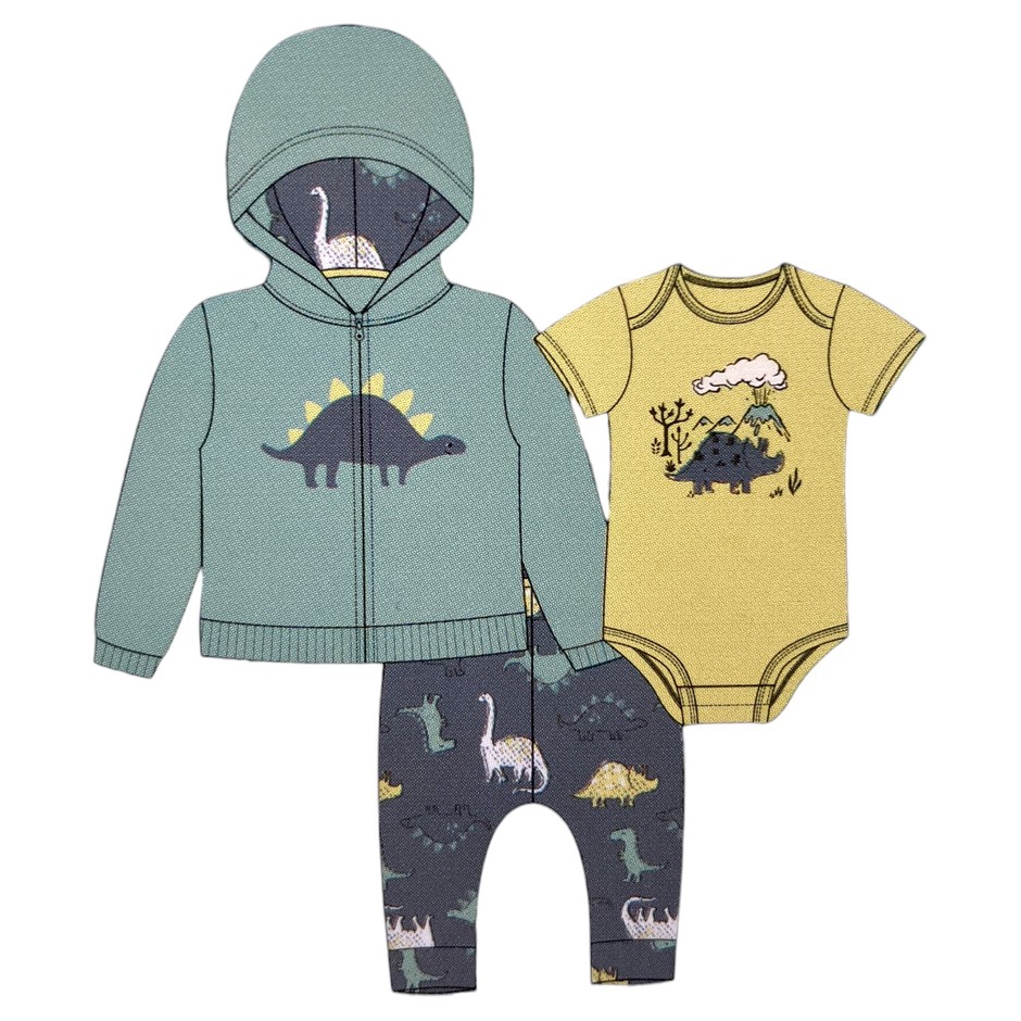 PEKKLE Infant 3pc Set, Size 9M, Incl: Hoodie, Bodysuit & Legging, Tea Dino.