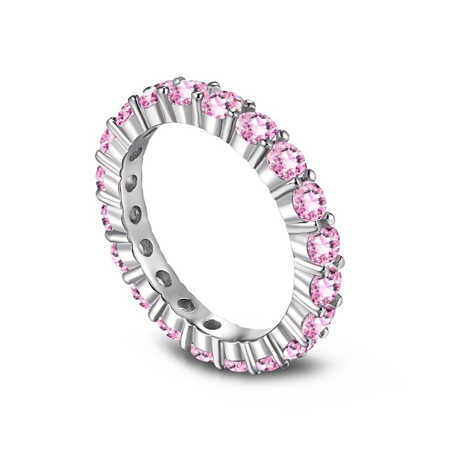 3mm 925 Sterling Silver Pink Simulated Diamonds Band Ring - Size 9