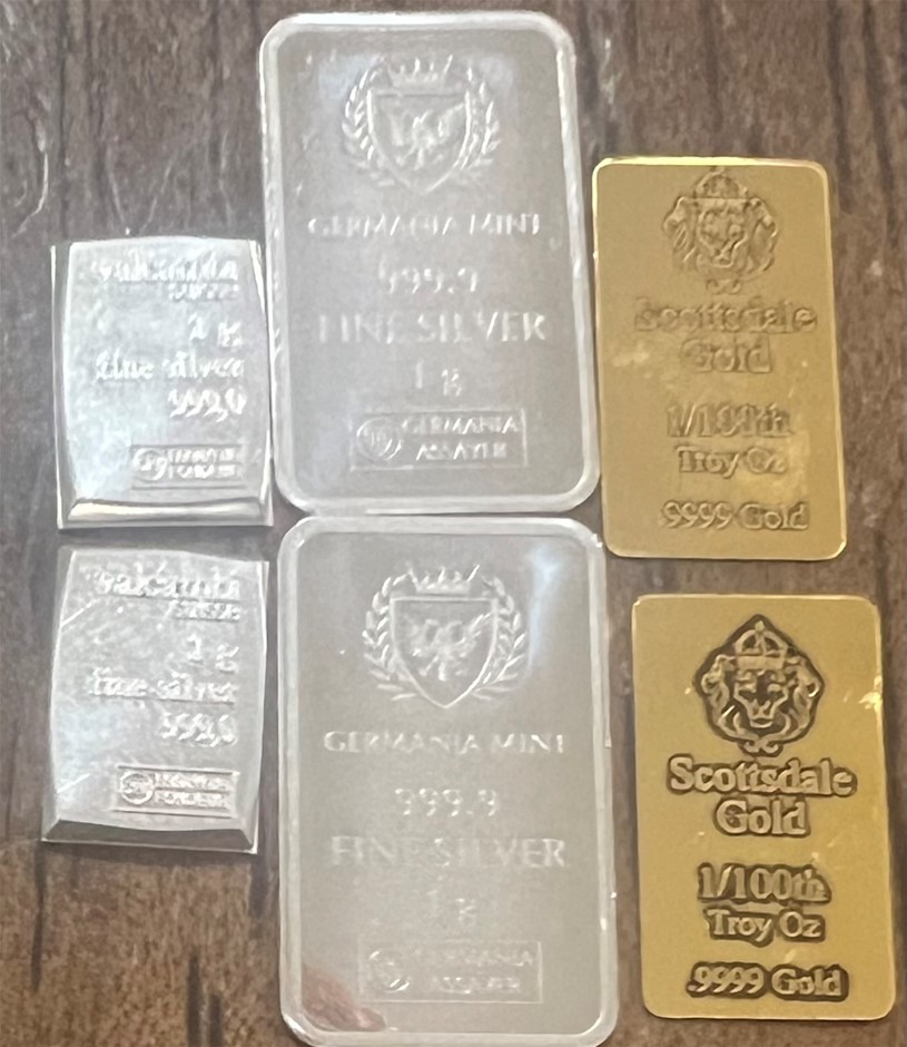 1/100 Scottdale gold bar x 2, 1g Valcumbi bar x 2 & 1g Silver Bar x 2