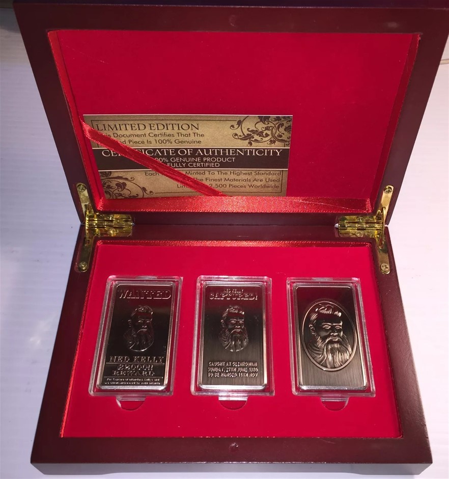 "NED KELLY" Set Of 3 x 1oz Ingots & Display Box Finished in 999Silver