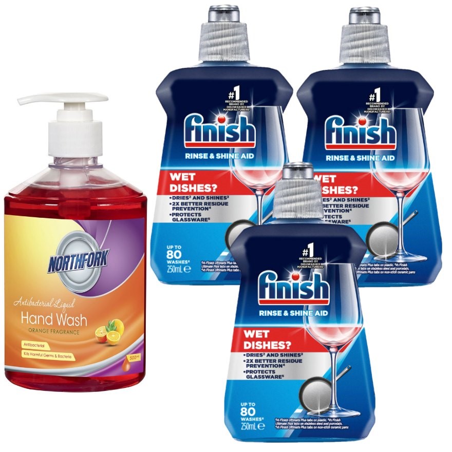 4 x BUNDLE: 3 x Finish Rinse & Shine Dishwashing Aid 250mL + NORTHFORK Liqu