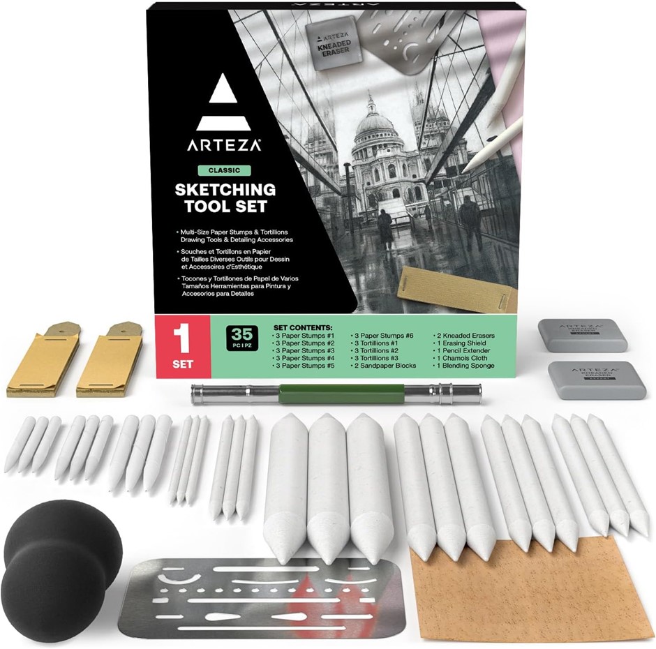 Arteza Drawing Kit for Adults, Set of 35 Sketching Tools and Detailing Acce