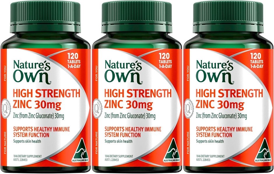 3 x NATURE'S OWN High Strength Zinc 30mg - Supports Immune System Function