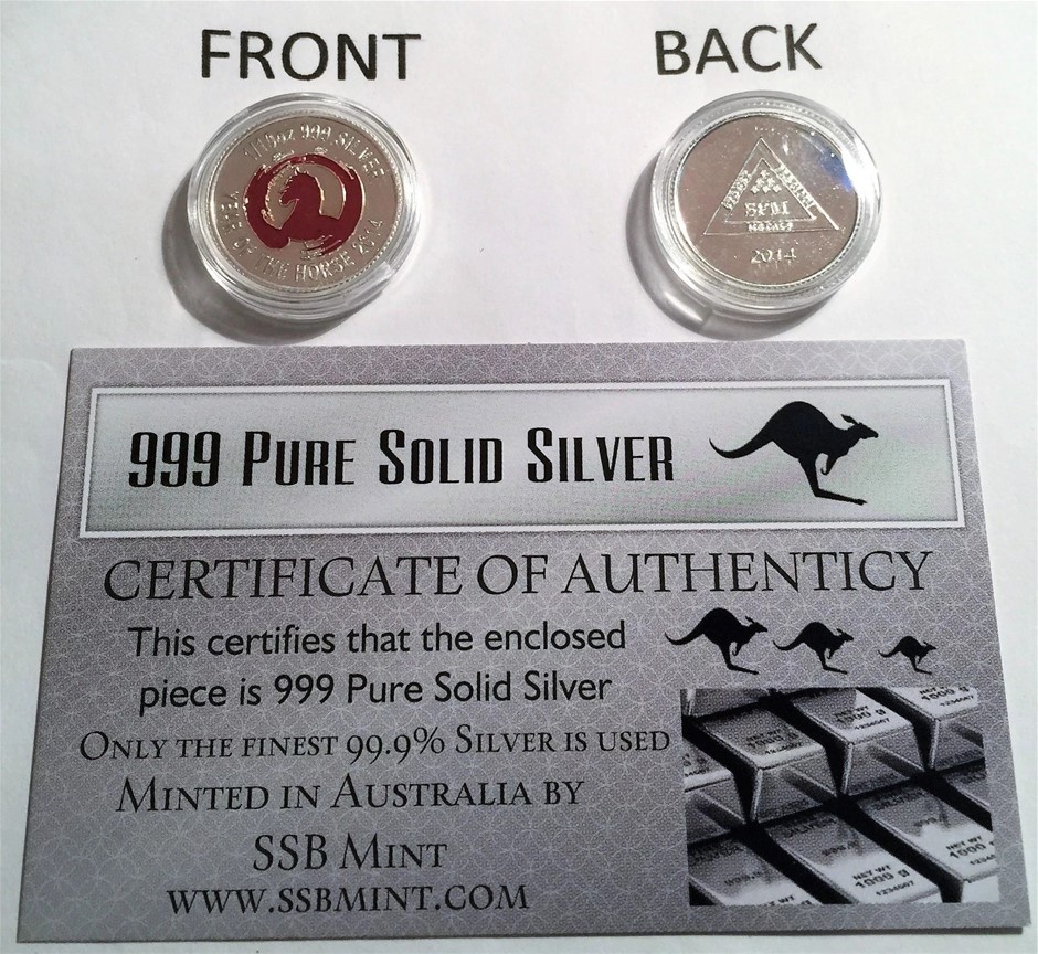 2014 YEAR OF THE HORSE 1/10th OZ (Approx) 999 Pure Solid Silver Coin C.O.A.