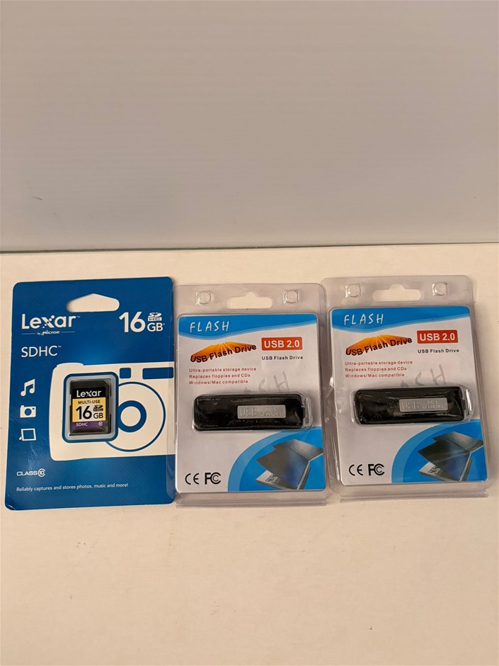 2x USB 2.0 Flash Drives, 1x LEXAR 16GB SDHC Card