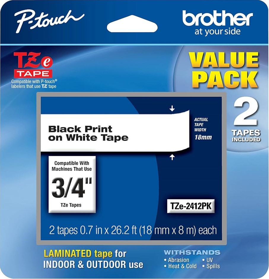 Brother Genuine, TZe2412PK, 2 Pack of Label Tape, Black Font On White Label