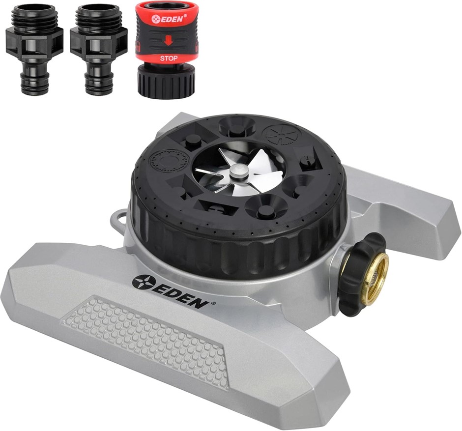 EDEN 94128 9-Pattern Turret Lawn Sprinkler W/Quick Connect Starter Set, Hea