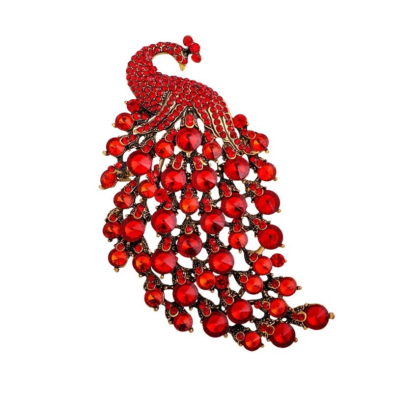 Designer Simulated Diamond Red Peacock Brooch Pin