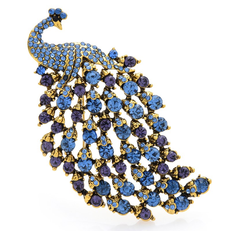 Designer Blue & Gold Peacock Crystal Statement Brooch - Missing Crystal